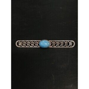 Vintage Sterling Silver Turquoise Filigree Bar Mid-Century Brooch